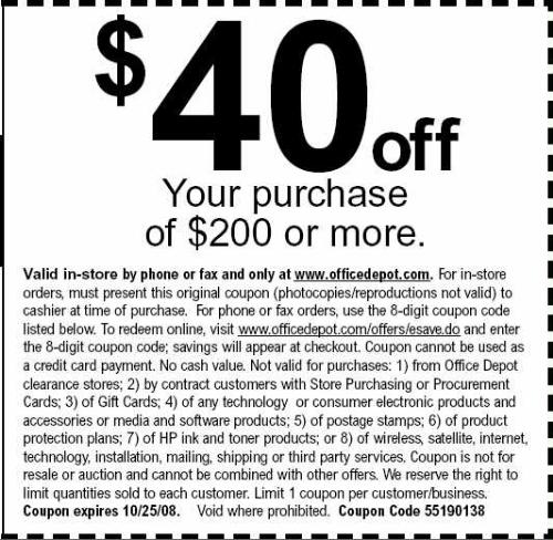 Office Depot Save $40 Off of $200 Purchase Coupon (10/22 - 10/25): Valid 